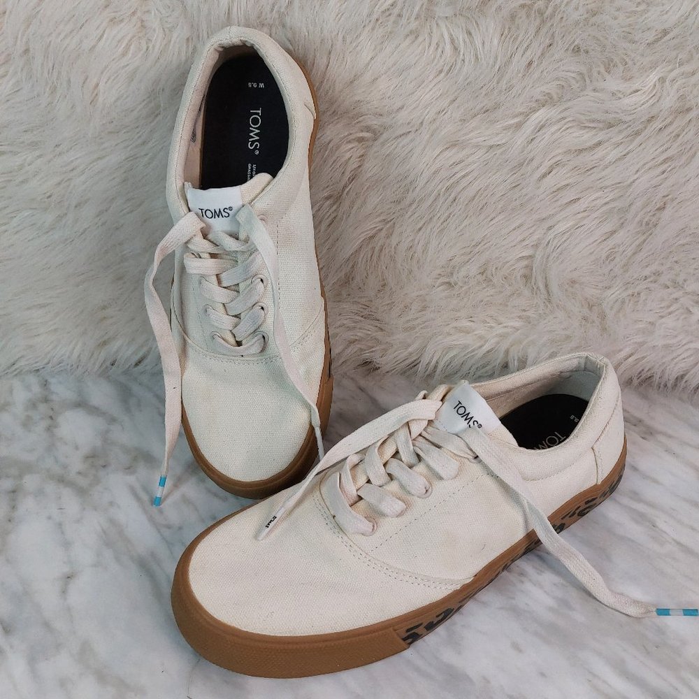 Toms Women's Cream Canvas Leopard Sole Trim Lace Up Running Shoes Sneaker Siz W9